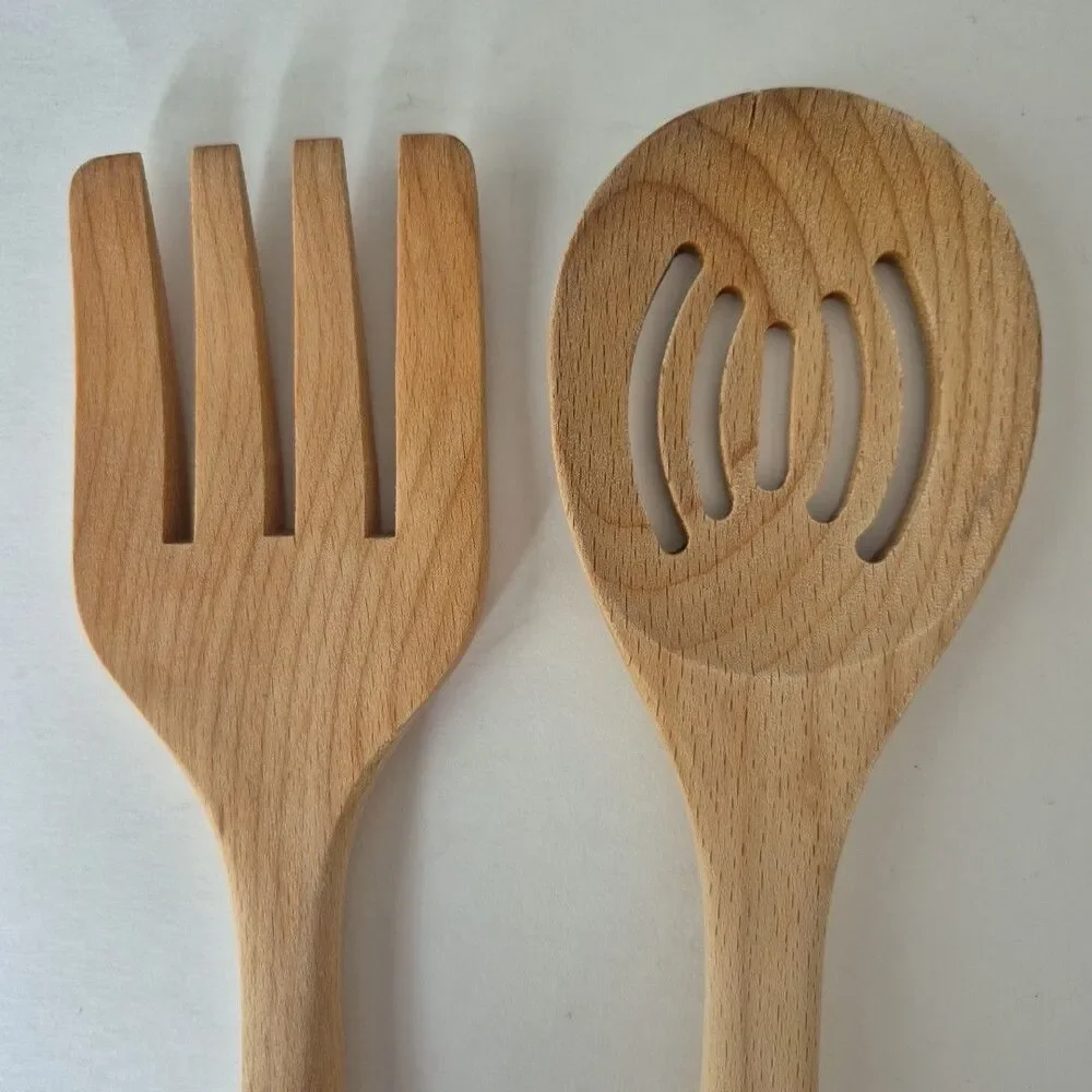 Bisetti Natural Wood Slotted Spoon and Fork Set Kitchen Utensils 13 IN Italy